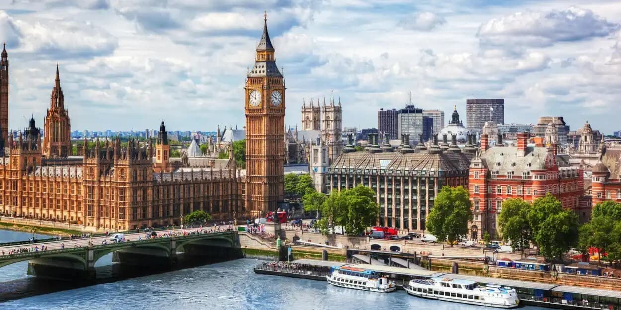 Central London including Big Ben and Palace of Westminster, with the River Thames in the foreground.
